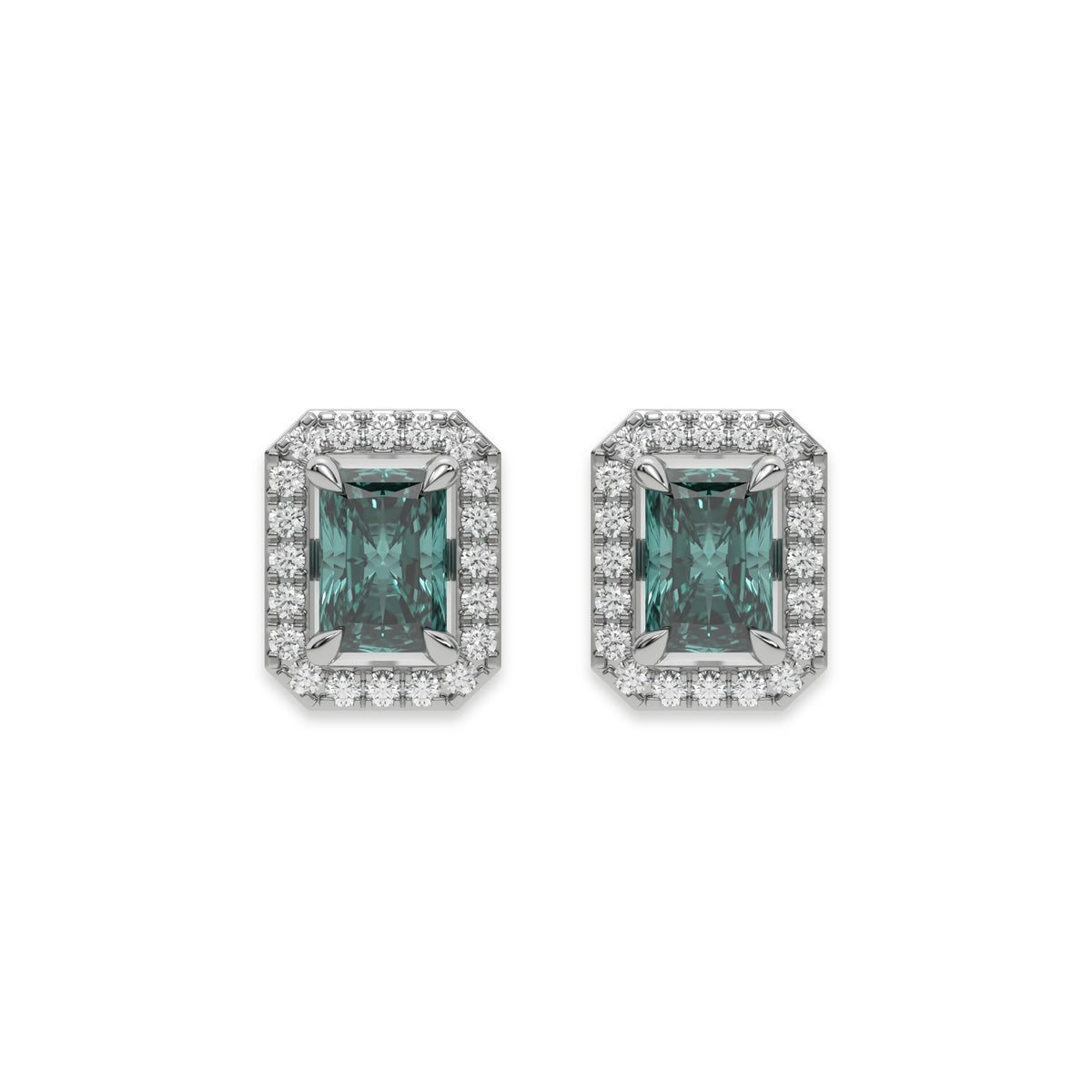 14k white gold Radiant Diamond Halo Earrings made with a fancy green radiant cut solitaire diamonds set in a four prong setting