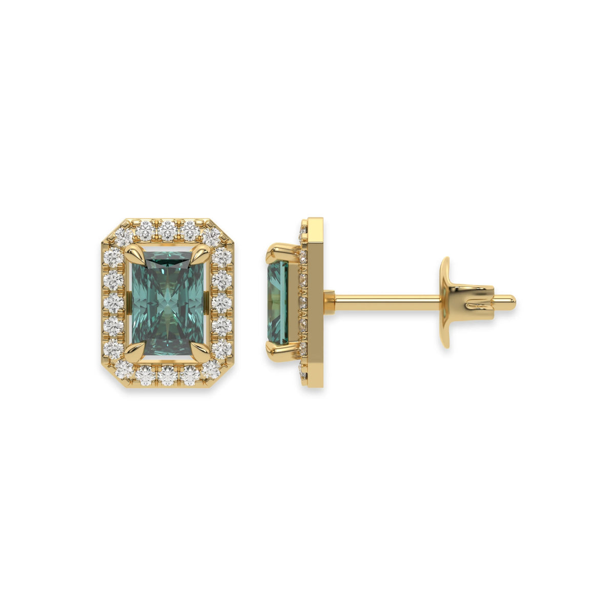 18k yellow gold Radiant Diamond Halo Earrings made with a fancy green radiant cut solitaire diamonds set in a four prong setting