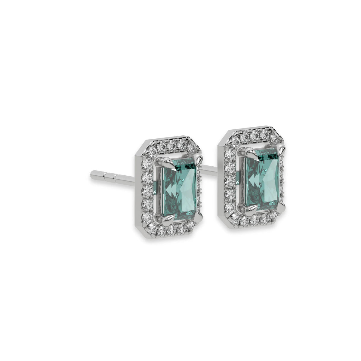 This white gold Classic Radiant Diamond Halo Earrings made with a fancy green radiant cut solitaire diamonds set in a four prong setting in side view