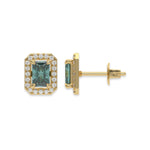 This yellow gold Classic Radiant Diamond Halo Earrings made with a fancy green radiant cut solitaire diamonds set in a four prong setting in top view and side view