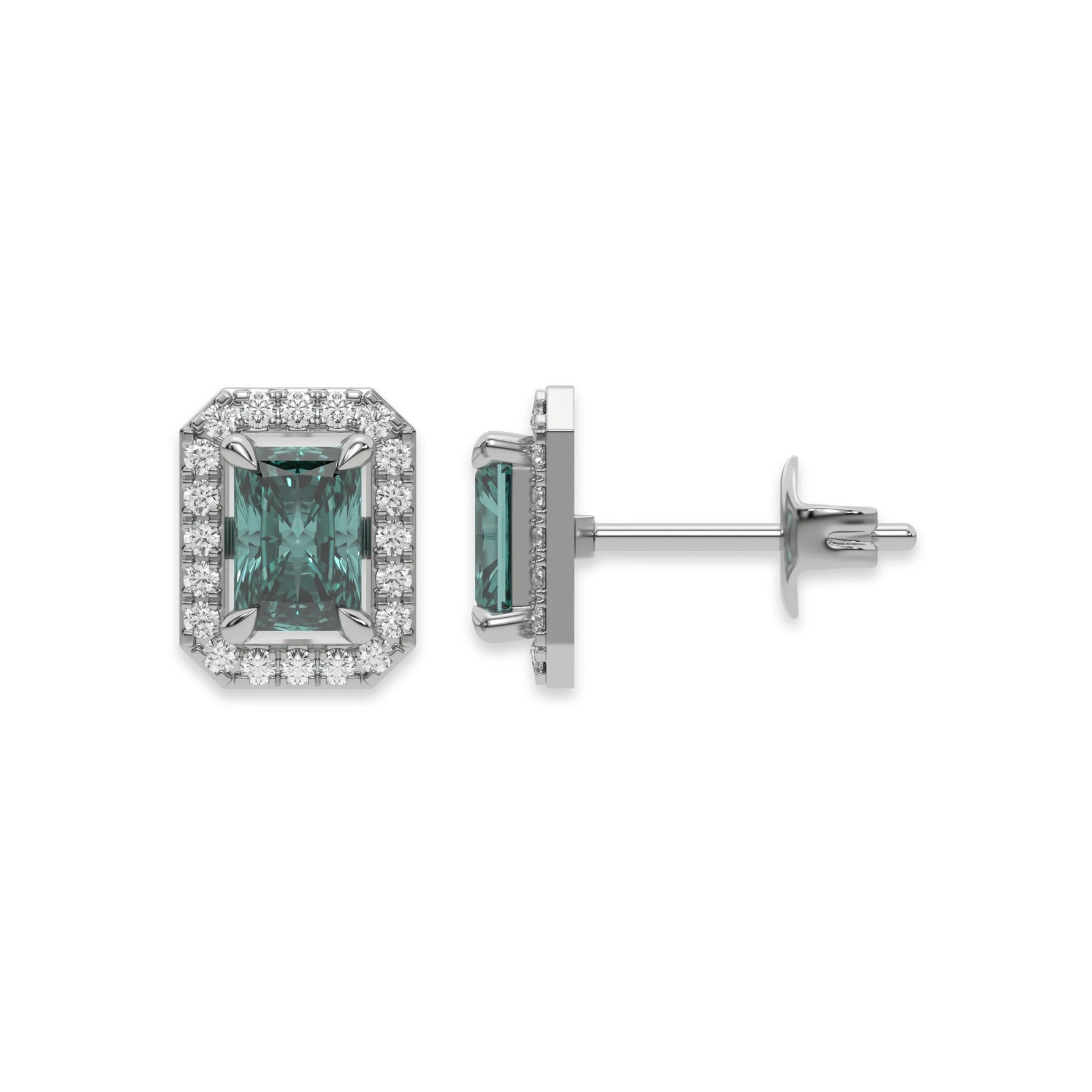 This white gold Classic Radiant Diamond Halo Earrings made with a fancy green radiant cut solitaire diamonds set in a four prong setting in top view and side view