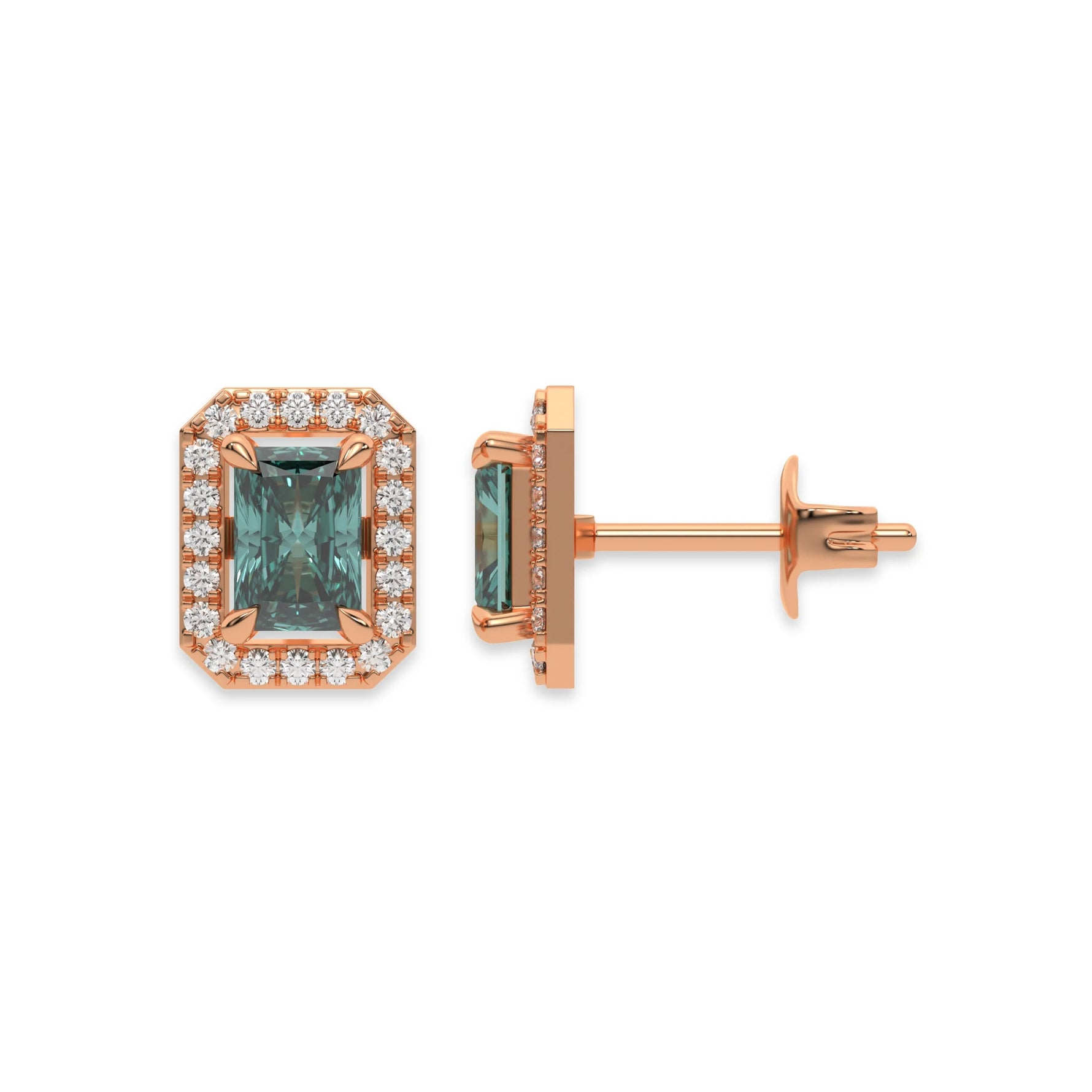 This rose gold Classic Radiant Diamond Halo Earrings made with a fancy green radiant cut solitaire diamonds set in a four prong setting in top view and side view