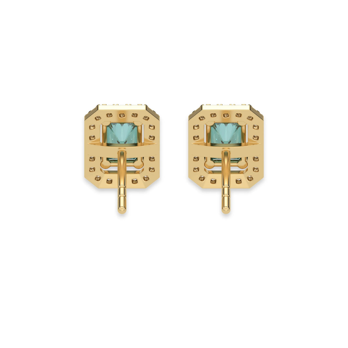 This yellow gold Classic Radiant Diamond Halo Earrings made with a fancy green radiant cut solitaire diamonds set in a four prong setting in back view