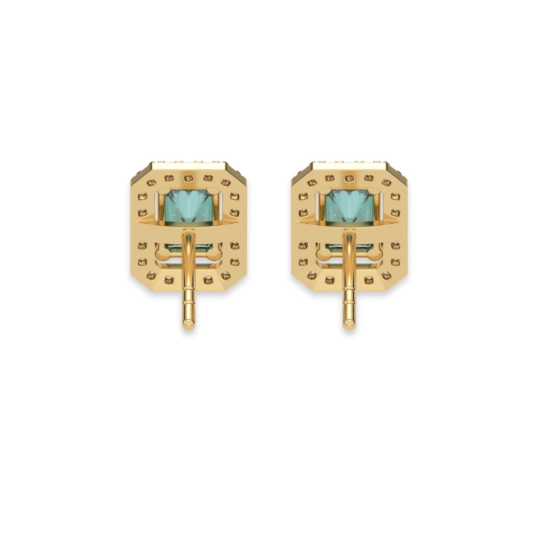 This yellow gold Classic Radiant Diamond Halo Earrings made with a fancy green radiant cut solitaire diamonds set in a four prong setting in back view