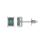14k white gold Radiant Diamond Earrings made with a fancy green radiant cut diamond set in a four prong setting