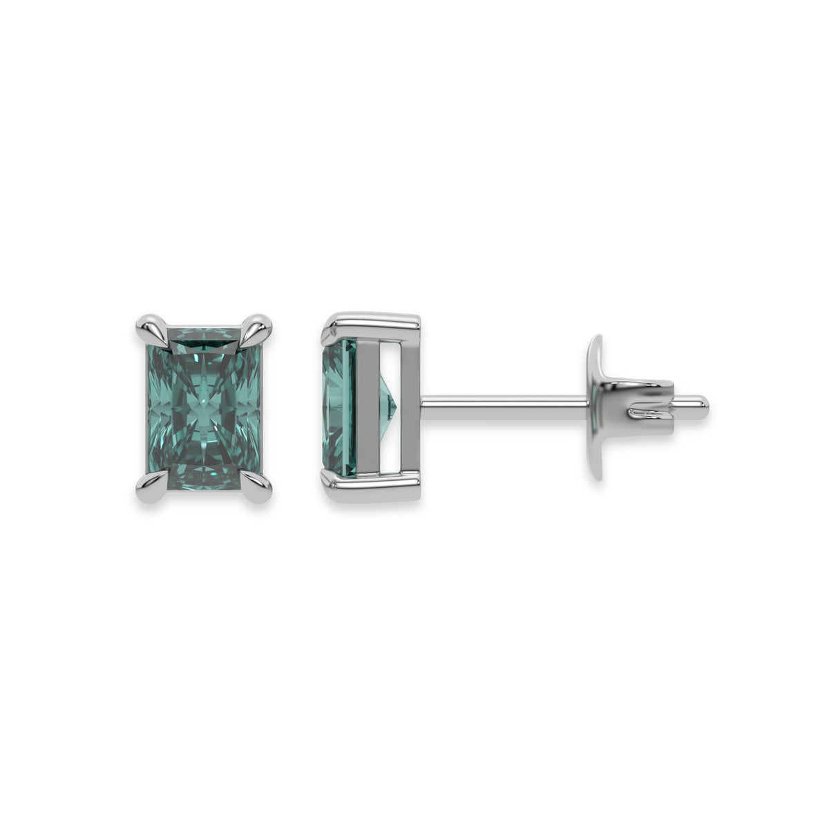 14k white gold Radiant Diamond Earrings made with a fancy green radiant cut diamond set in a four prong setting
