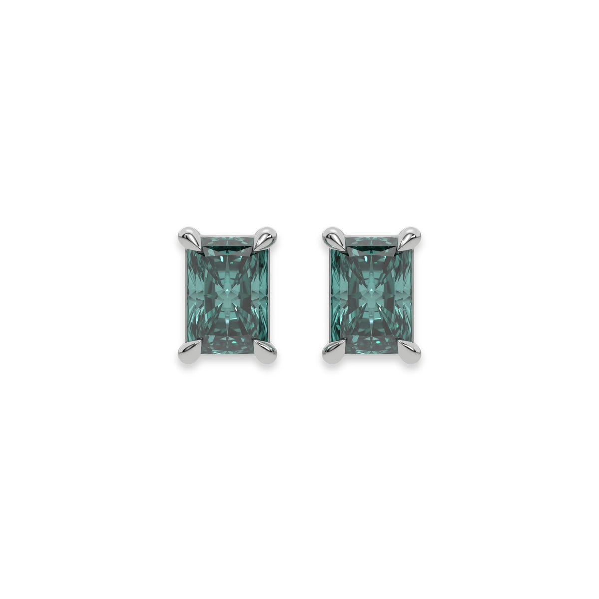 14k yellow gold Radiant Diamond Earrings made with a fancy green radiant cut diamond set in a four prong setting