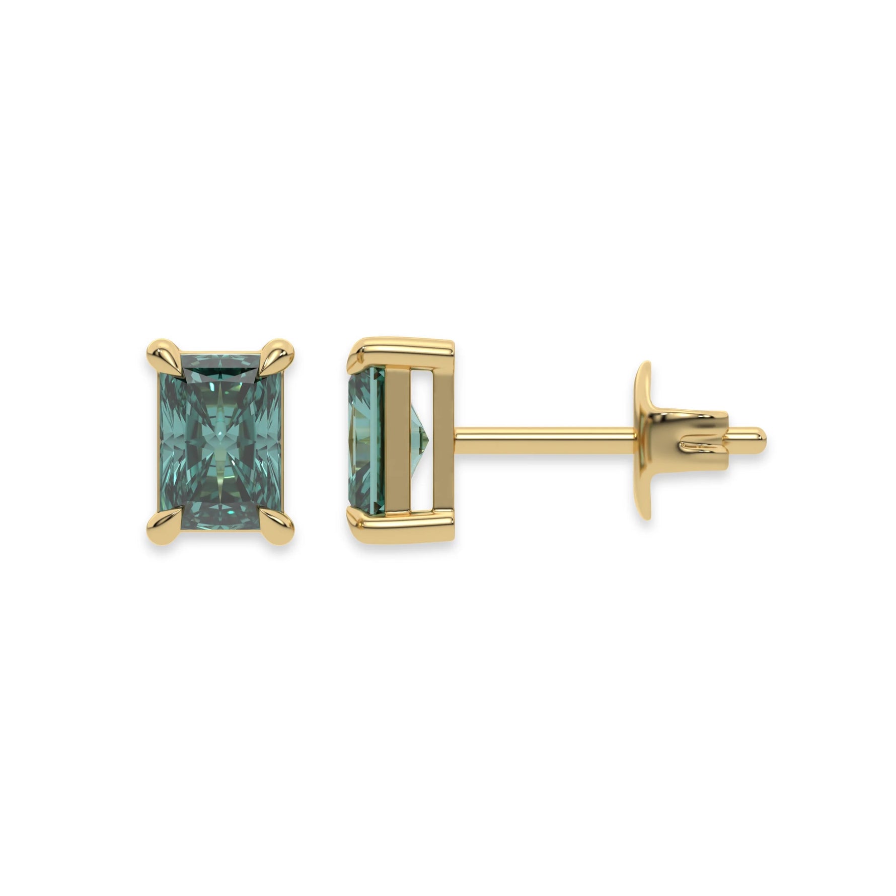 This yellow gold Classic Radiant Diamond Earrings made with a fancy green radiant-cut diamonds set in a four prong setting in top view and side view