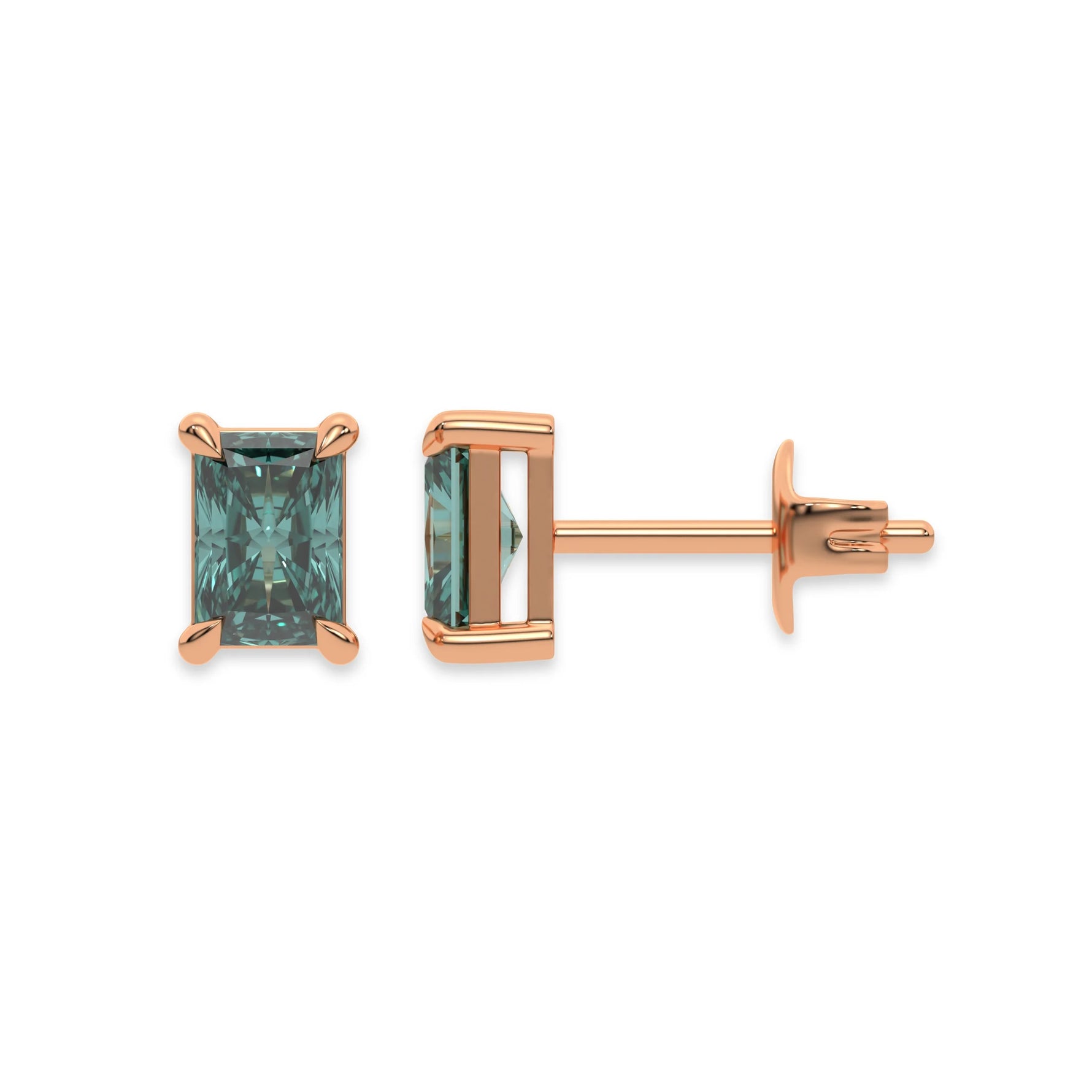 This rose gold Classic Radiant Diamond Earrings made with a fancy green radiant-cut diamonds set in a four prong setting in top view and side view