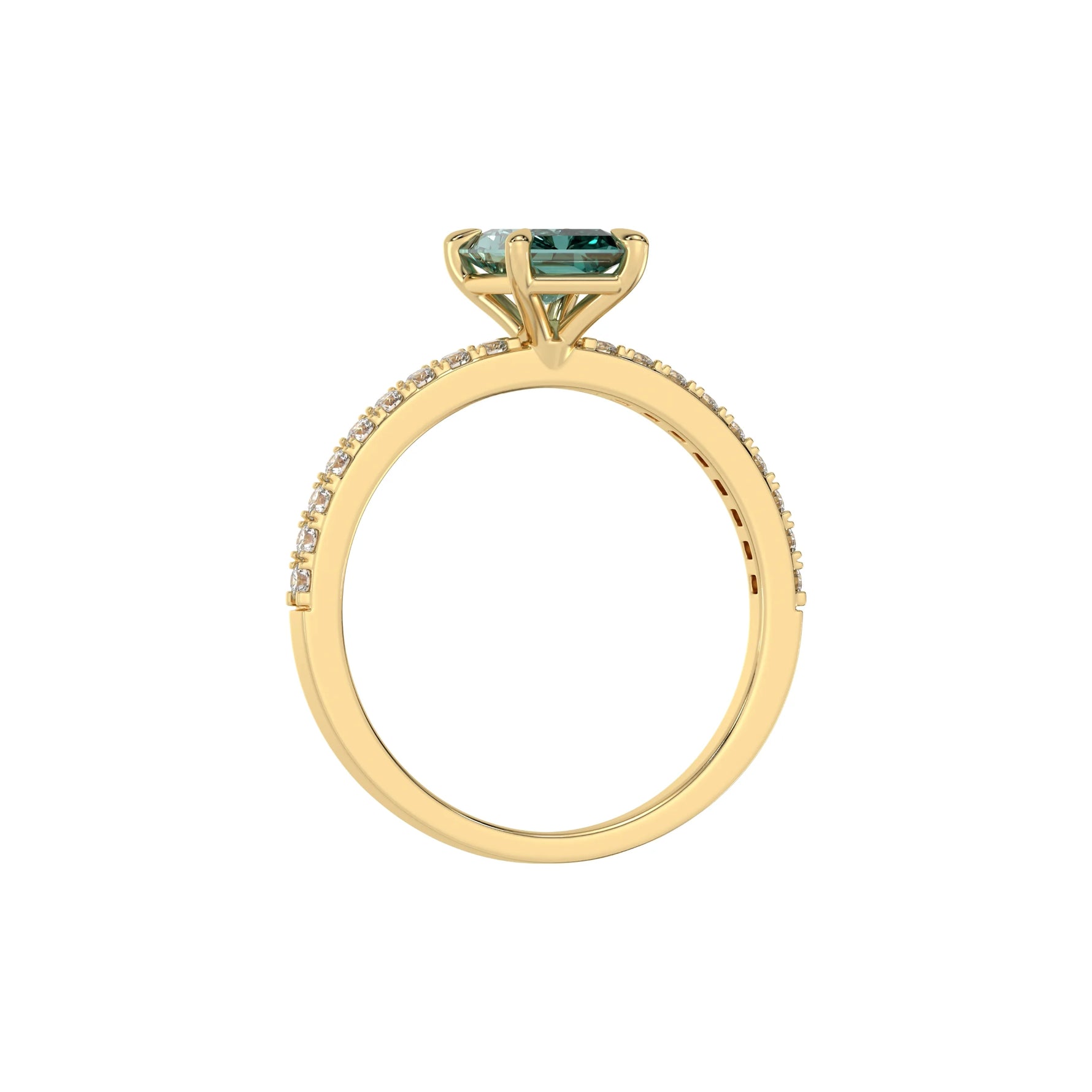 This yellow gold ring displayed in through finger view is made with a radiant solitaire diamond set in four-prong setting