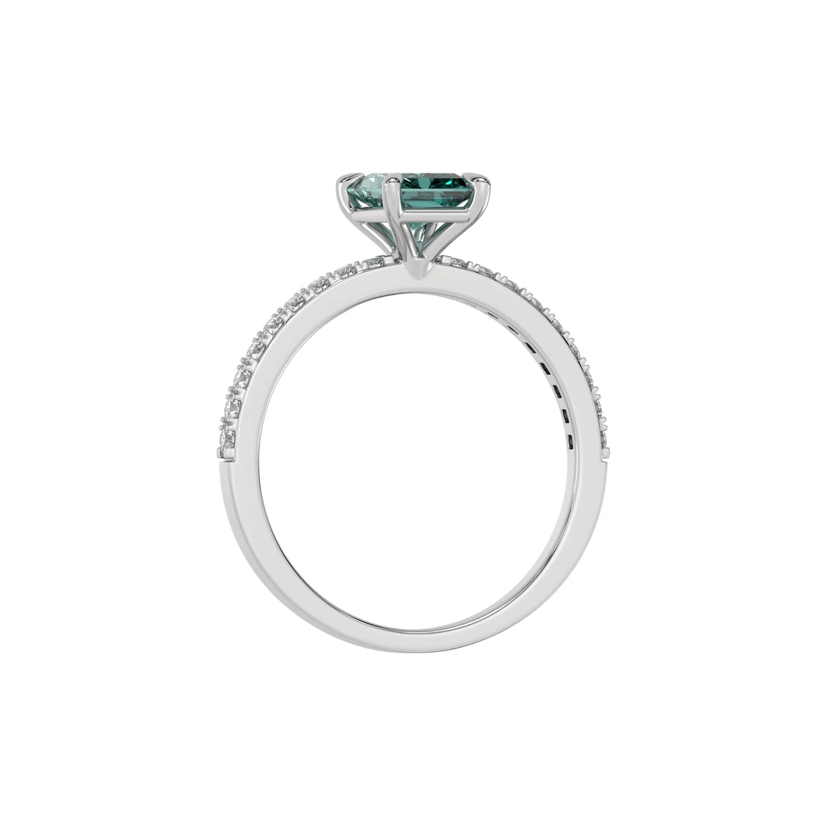 This white gold ring displayed in through finger view is made with a radiant solitaire diamond set in four-prong setting