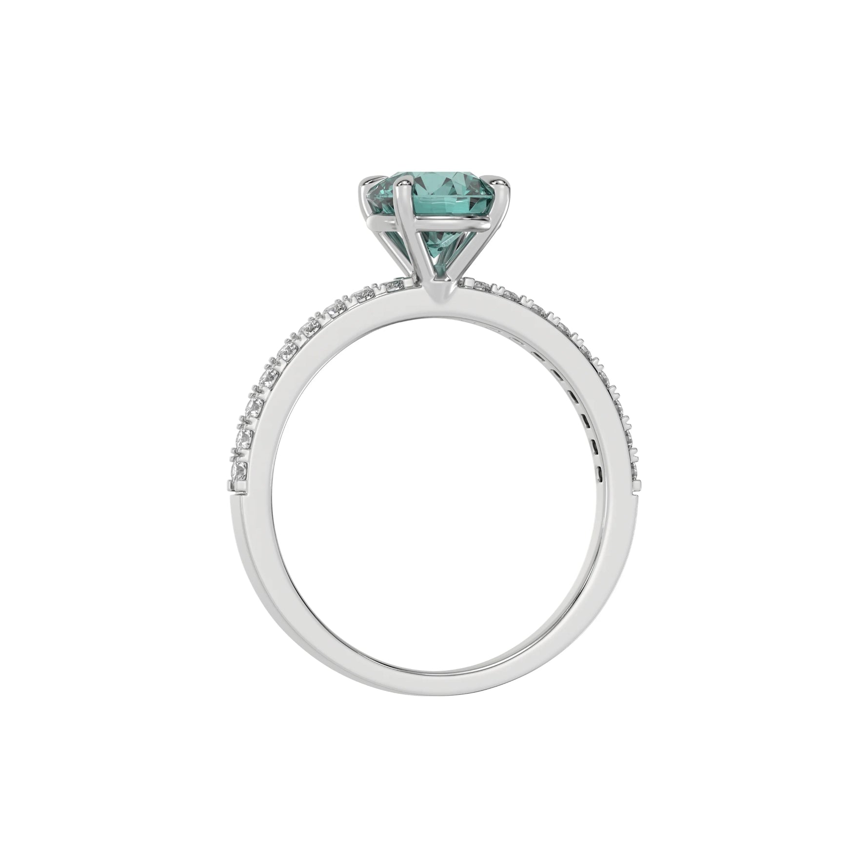 This white gold ring is made with a fancy green round solitaire diamond set in four-prong setting in through finger view