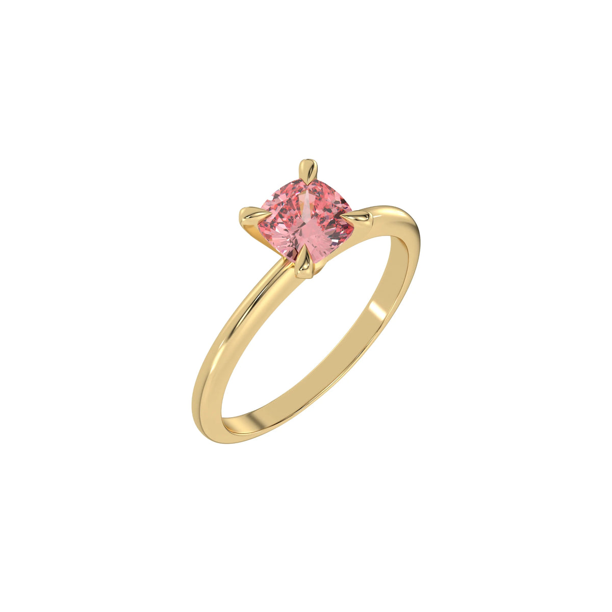 This yellow gold ring features a fancy Pink cushion solitaire diamond elegantly secured in a four-prong setting on a solid gold band in 3D view