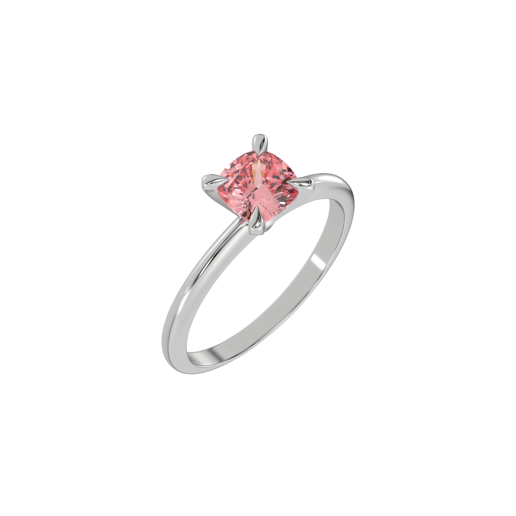 This white gold ring features a fancy Pink cushion solitaire diamond elegantly secured in a four-prong setting on a solid gold band in 3D view