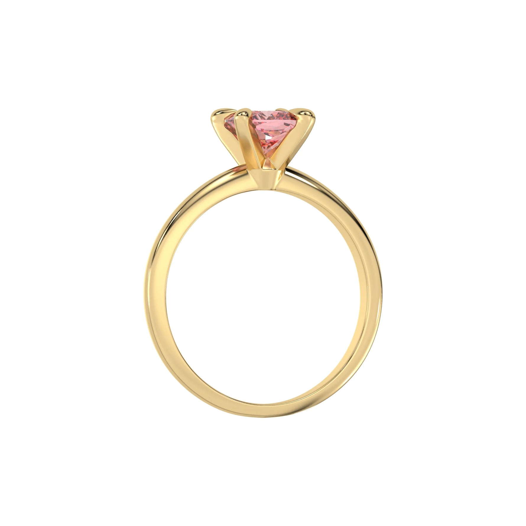 This yellow gold ring features a fancy Pink cushion solitaire diamond elegantly secured in a four-prong setting on a solid gold band in through finger view