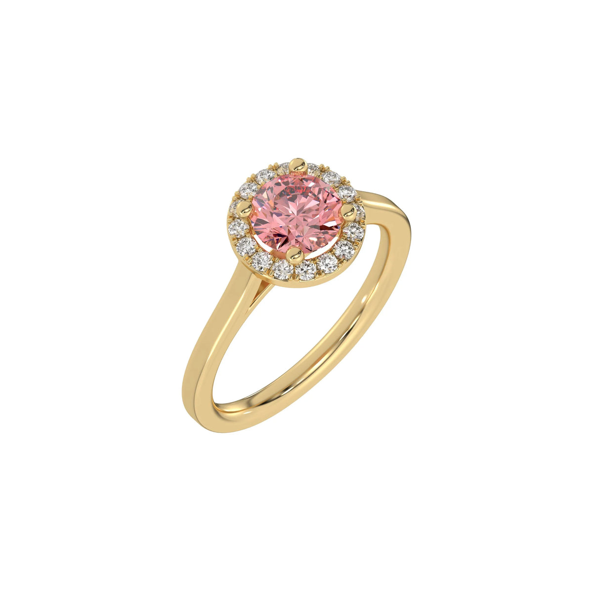 This yellow gold ring features a fancy Pink round solitaire diamond set in a four-prong setting in 3D view