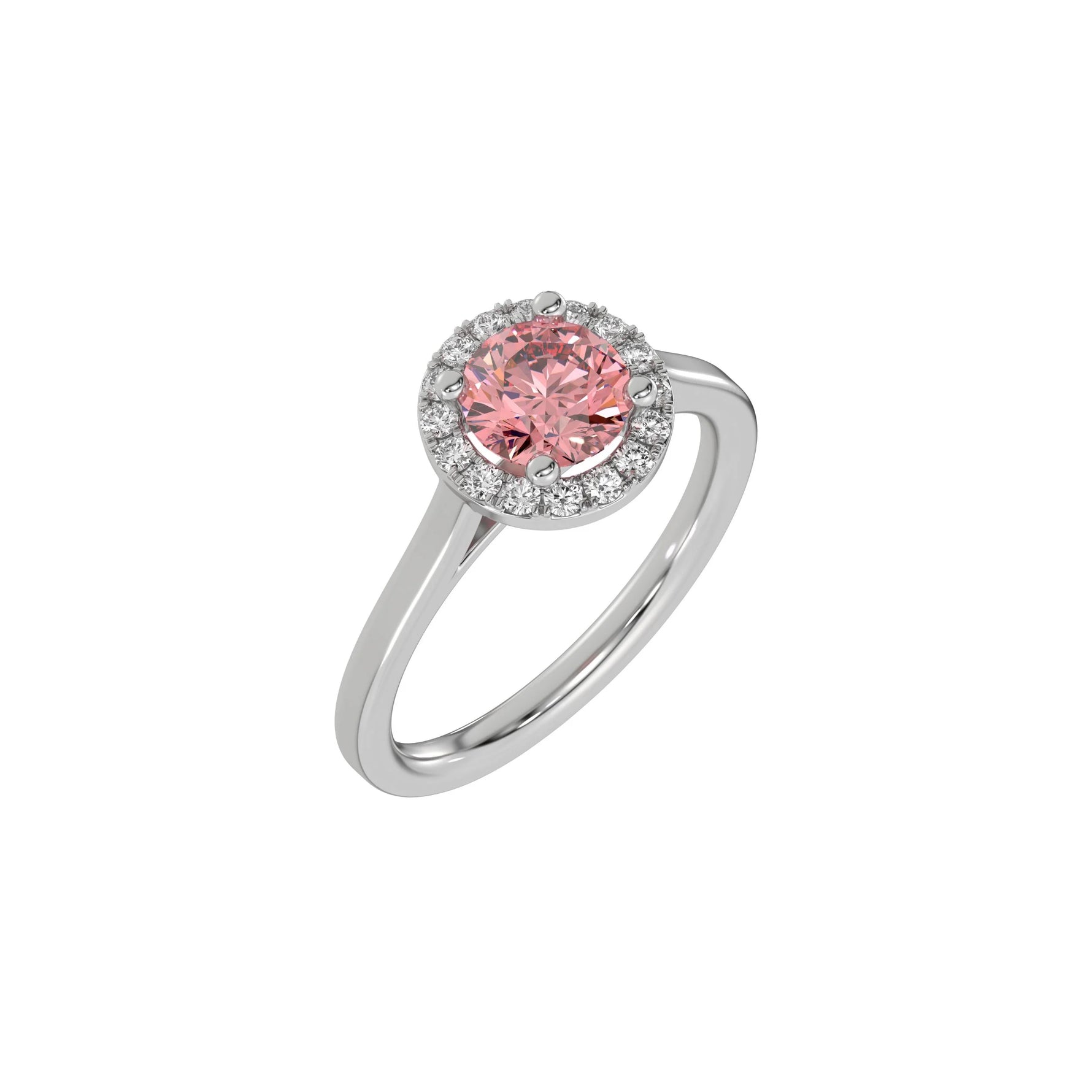 This white gold ring features a fancy PInk round solitaire diamond set in a four-prong setting in 3D view