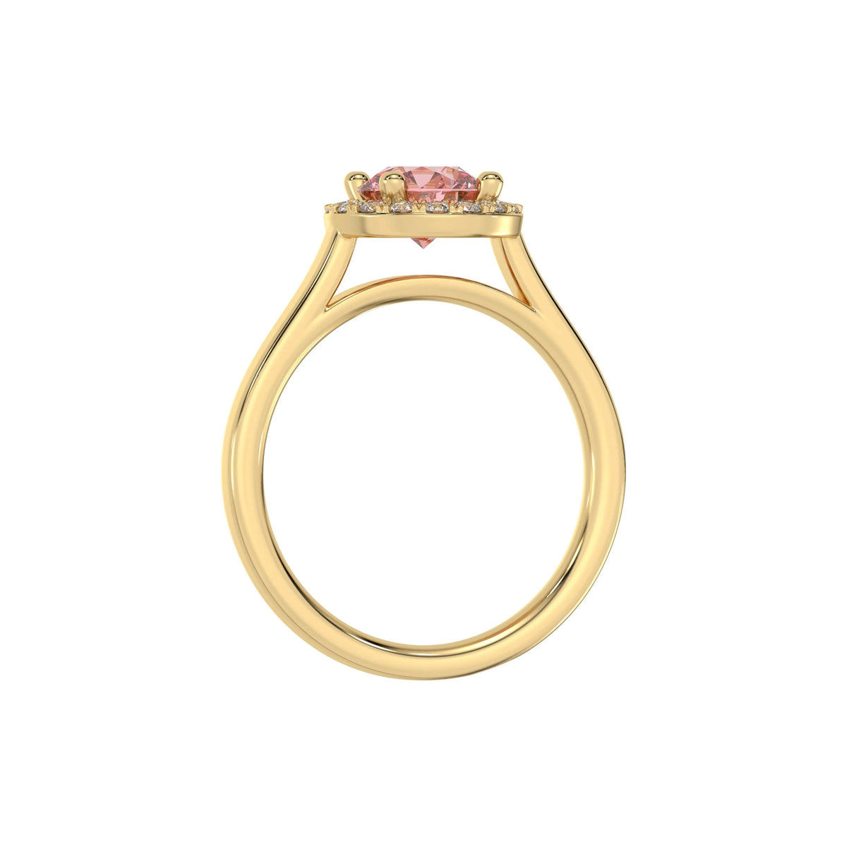 This yellow gold ring features a fancy Pink round solitaire diamond set in a four-prong setting in through finger view