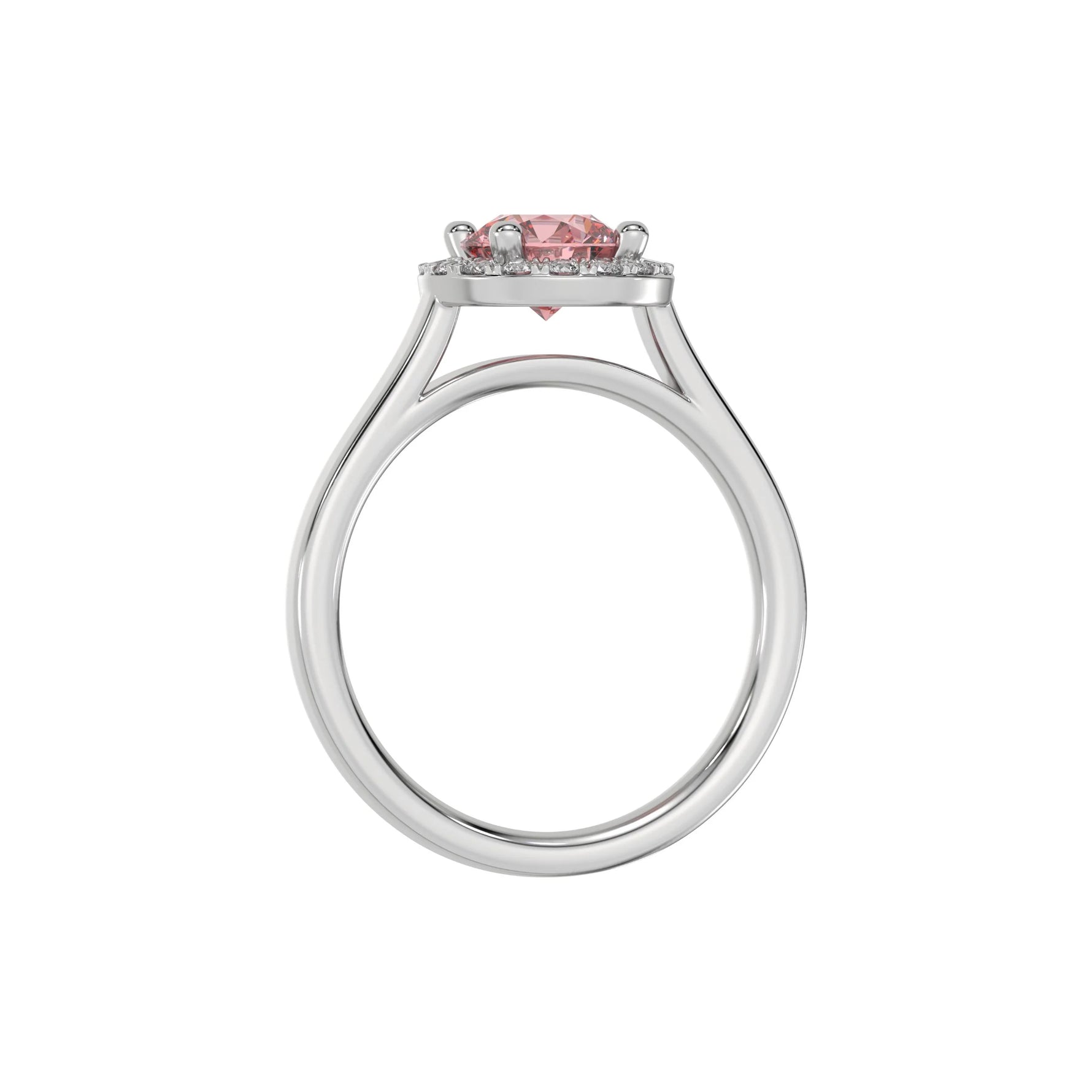 This white gold ring features a fancy Pink round solitaire diamond set in a four-prong setting in through finger view