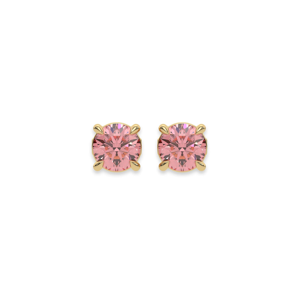 14k Yellow gold Round Diamond Studs made with fancy pink round brilliant-cut diamonds set in a four prong setting
