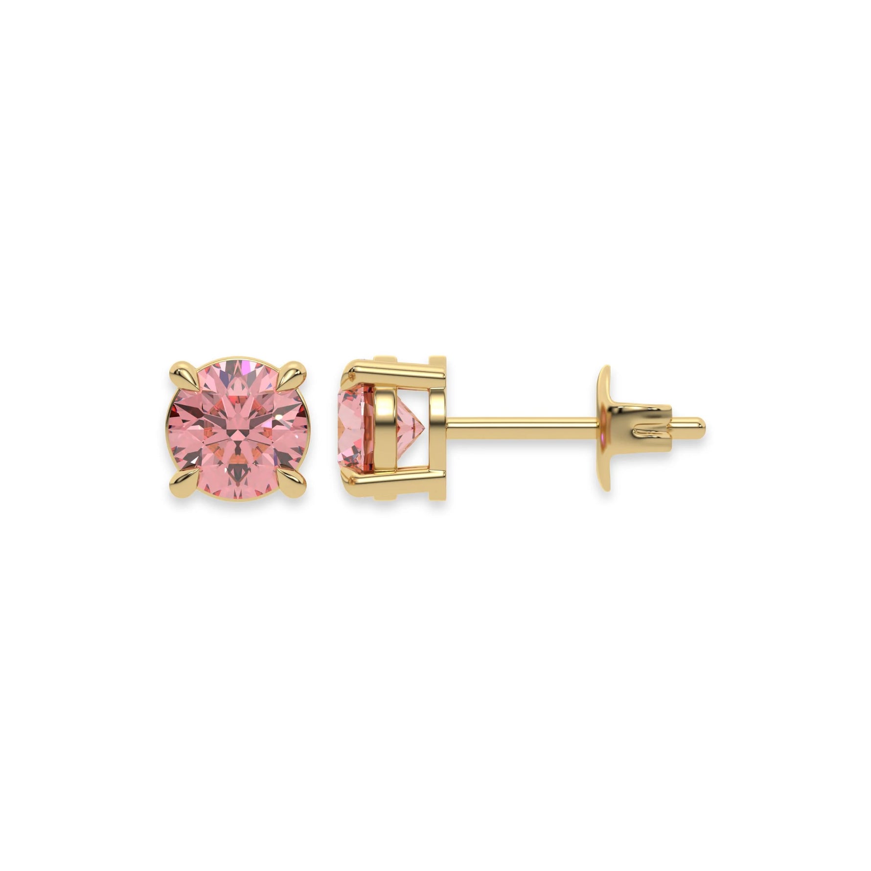 This yellow gold Classic Round Diamond Studs made with fancy pink round brilliant-cut diamonds set in a four prong setting in top view and side view