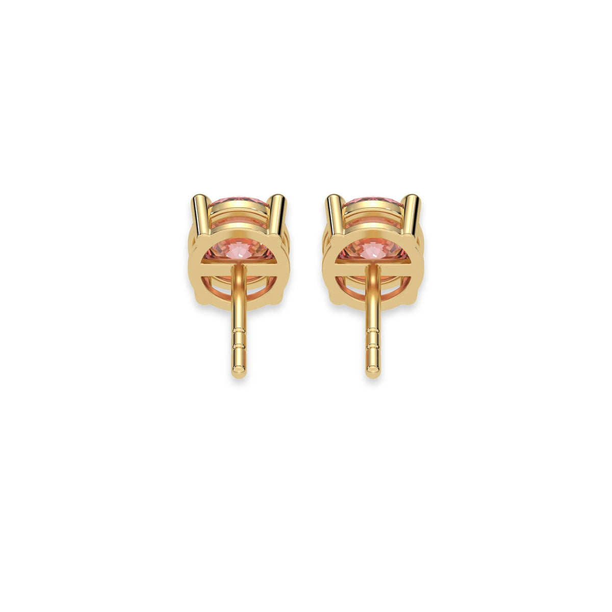 This yellow gold Classic Round Diamond Studs made with fancy pink round brilliant-cut diamonds set in a four prong setting in back view