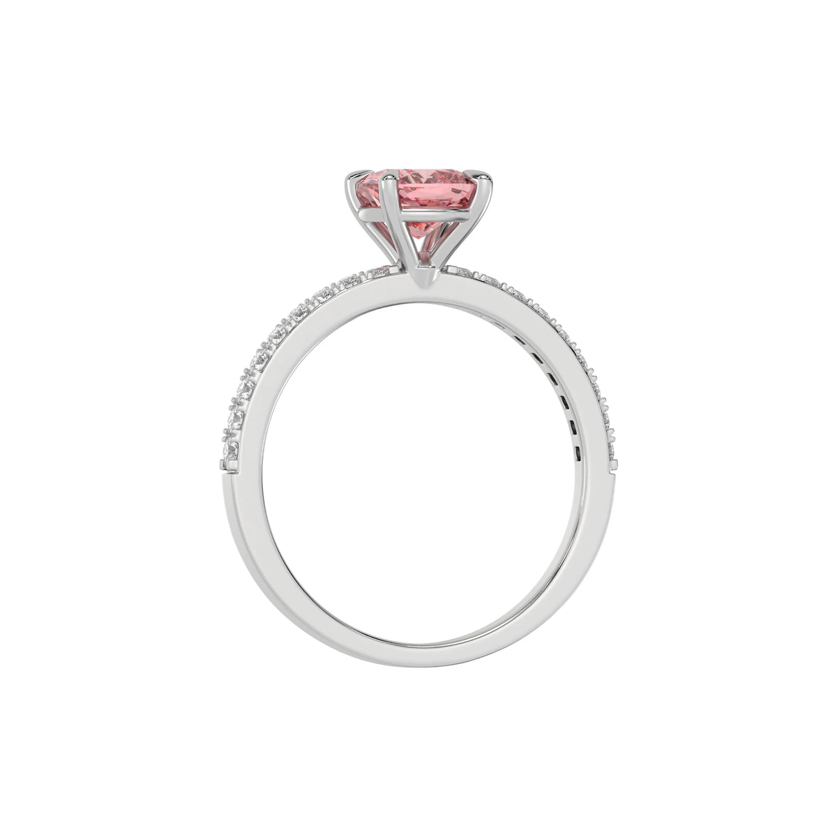 This White gold ring displayed in through finger view is made with a cushion solitaire diamond set in four-prong setting