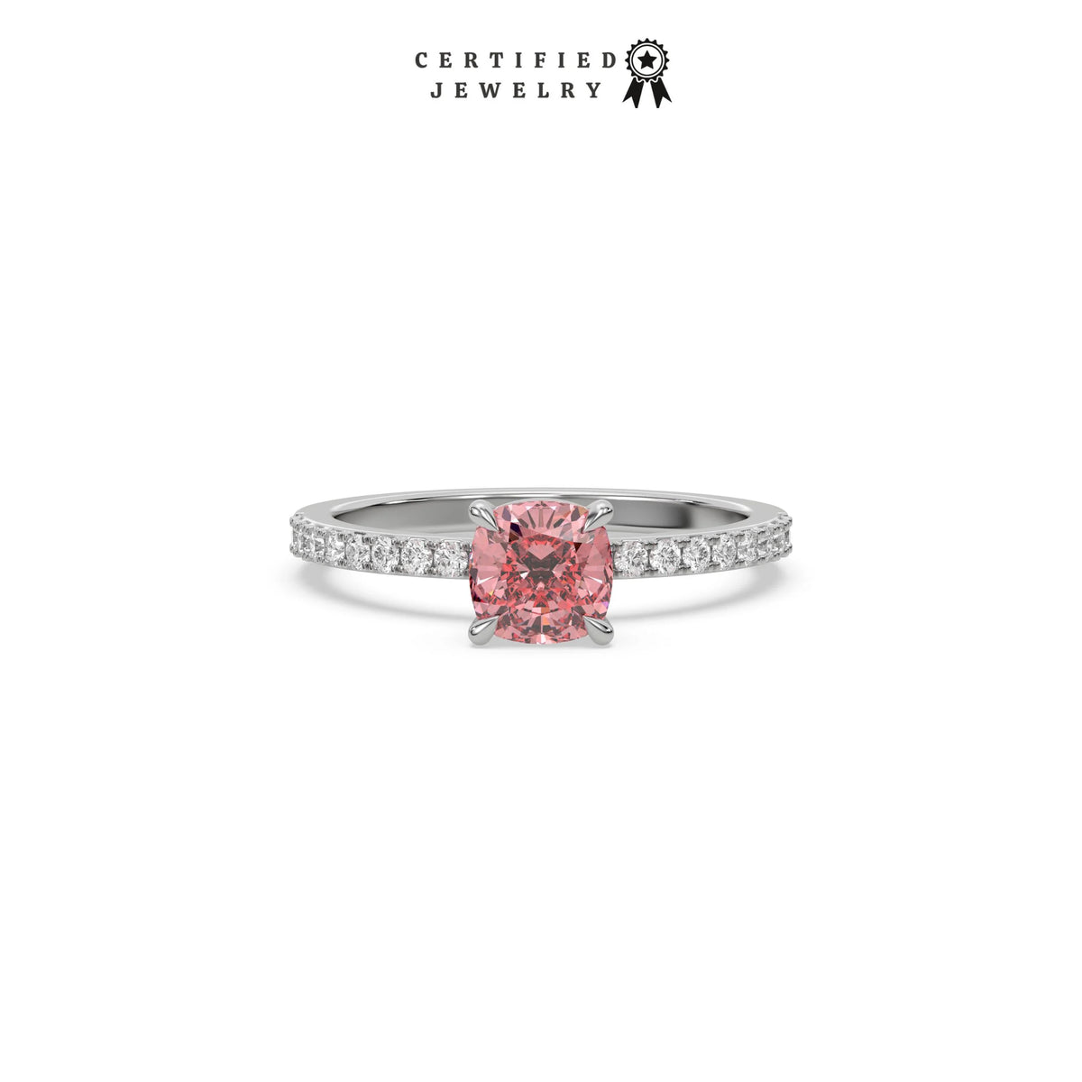 This White gold ring displayed in Front view is made with a cushion solitaire diamond set in four-prong setting