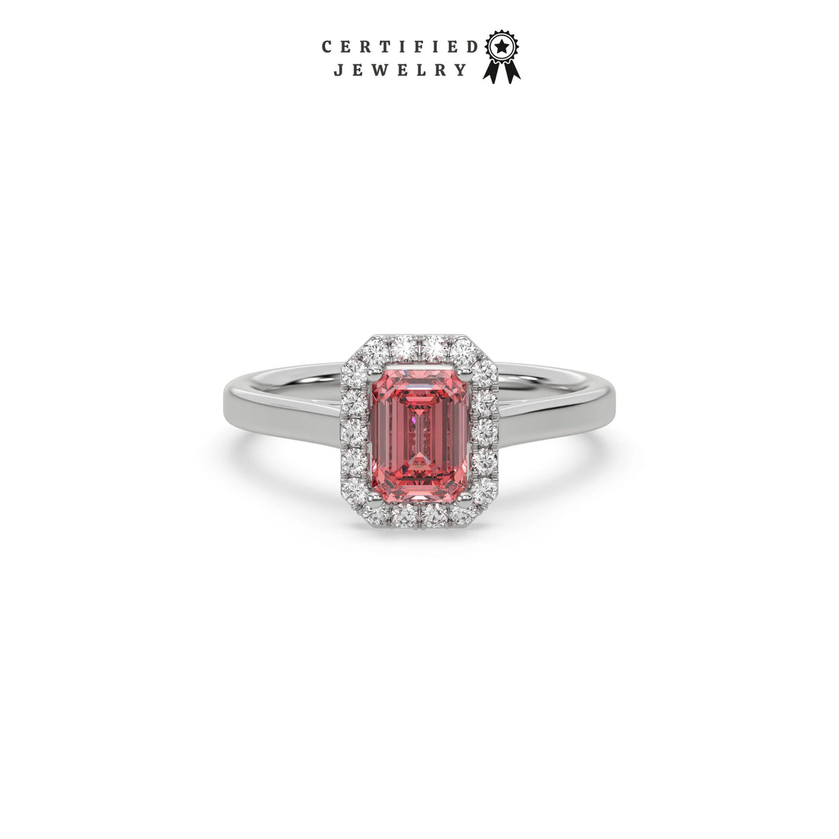 Halo Emerald Diamond Ring, Pink Emerald Cut Engagement Ring, Halo Wedding Ring, Pink Engagement Ring,