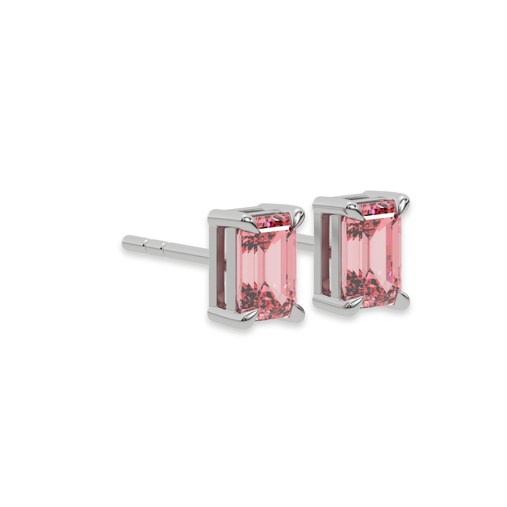 This white gold Classic Emerald Diamond Earrings made with an fancy pink emerald-cut diamonds set in a four prong setting in side view