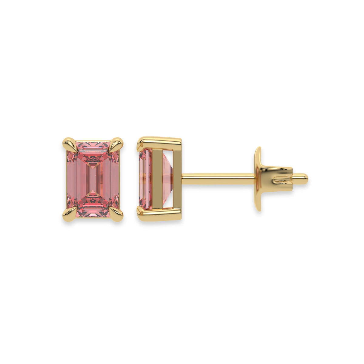 This yellow gold Classic Emerald Diamond Earrings made with an fancy pink emerald-cut diamonds set in a four prong setting in top view and side view