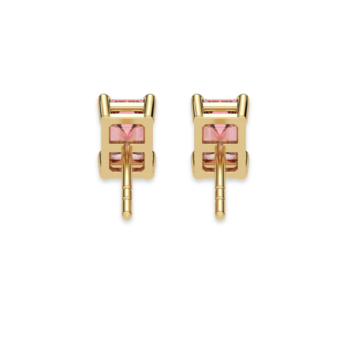 This yellow gold Classic Emerald Diamond Earrings made with an fancy pink emerald-cut diamonds set in a four prong setting in back view