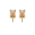 This yellow gold Classic Emerald Diamond Earrings made with an fancy pink emerald-cut diamonds set in a four prong setting in back view