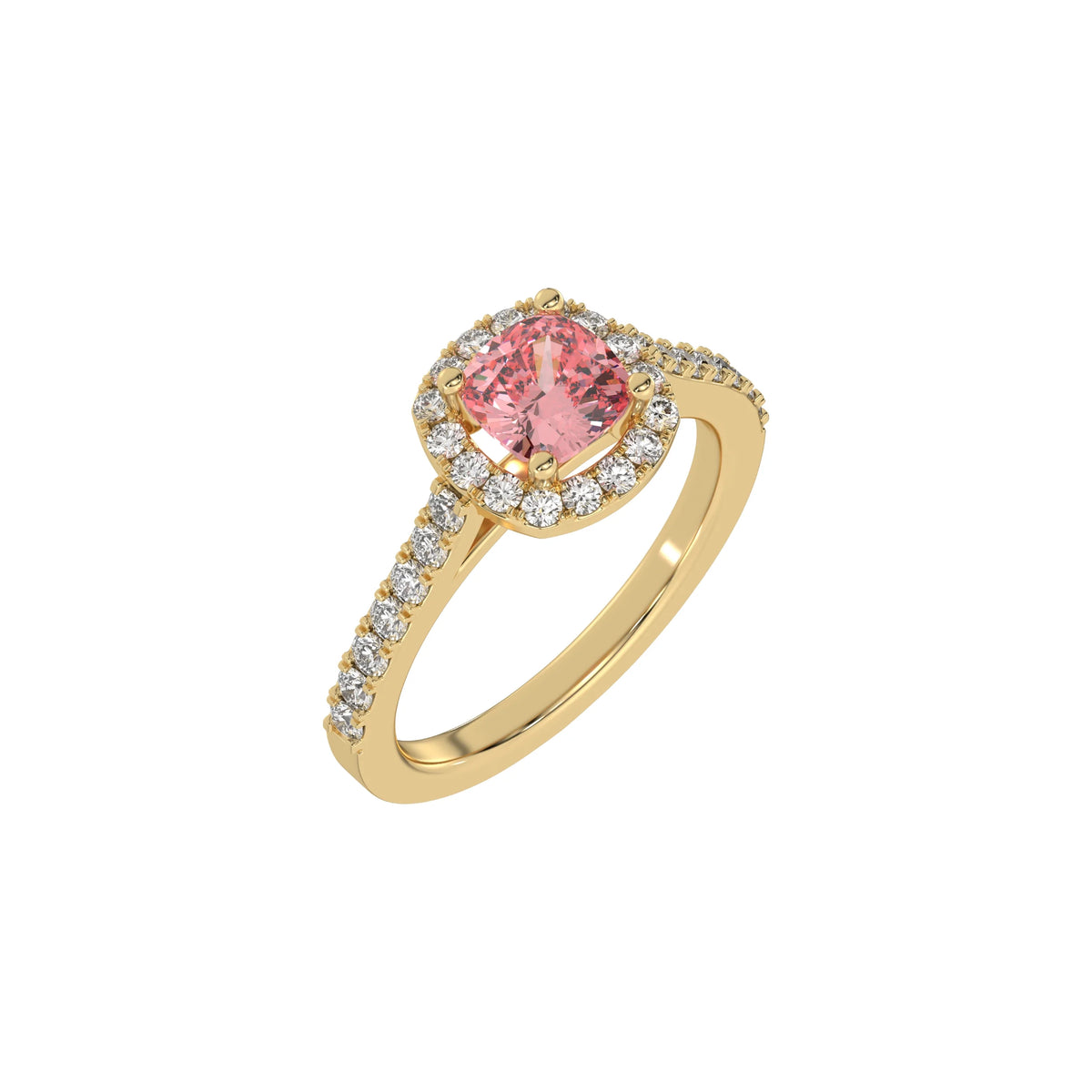 This yellow gold Cushion Diamond Halo Engagement Ring is made with a fancy Pink cushion solitaire diamond set in a four-prong setting in 3D view