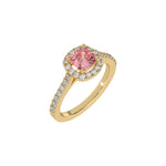 This yellow gold Cushion Diamond Halo Engagement Ring is made with a fancy Pink cushion solitaire diamond set in a four-prong setting in 3D view