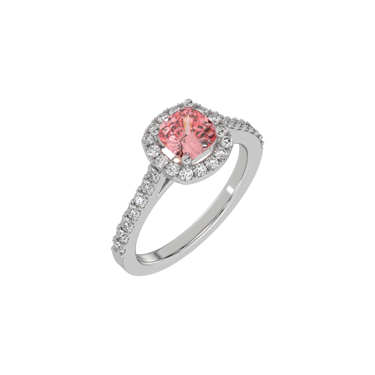 This white gold Cushion Diamond Halo Engagement Ring is made with a fancy Pink cushion solitaire diamond set in a four-prong setting in 3D view