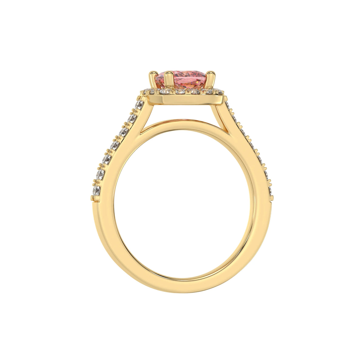 This yellow gold Cushion Diamond Halo Engagement Ring is made with a fancy Pink cushion solitaire diamond set in a four-prong setting in through finger view