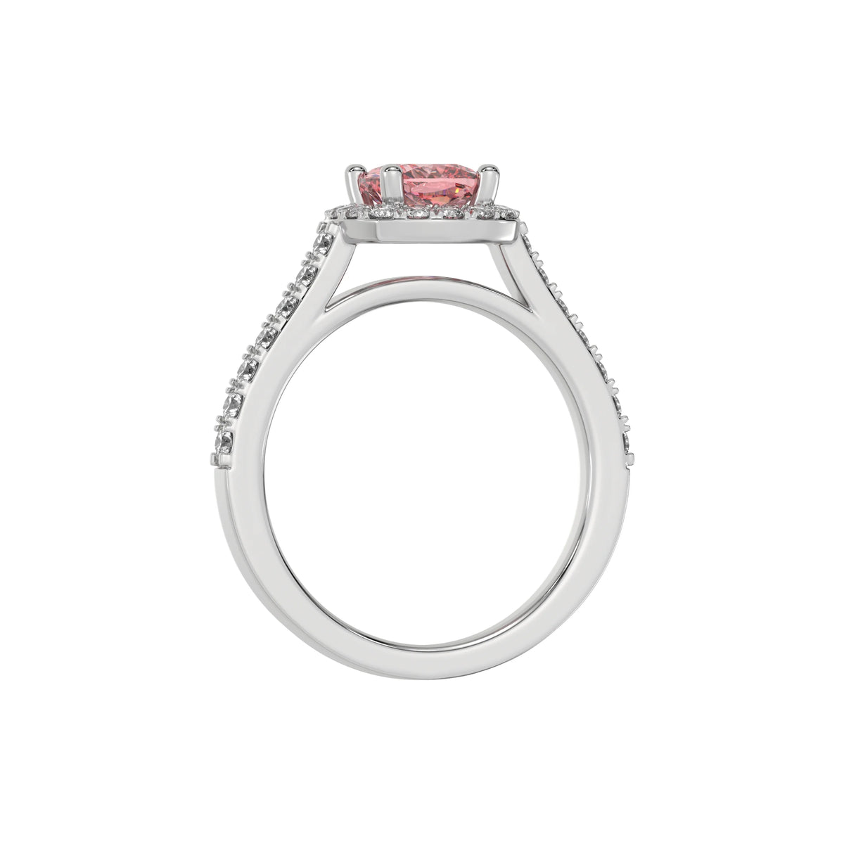 This white gold Cushion Diamond Halo Engagement Ring is made with a fancy Pink cushion solitaire diamond set in a four-prong setting in through finger view