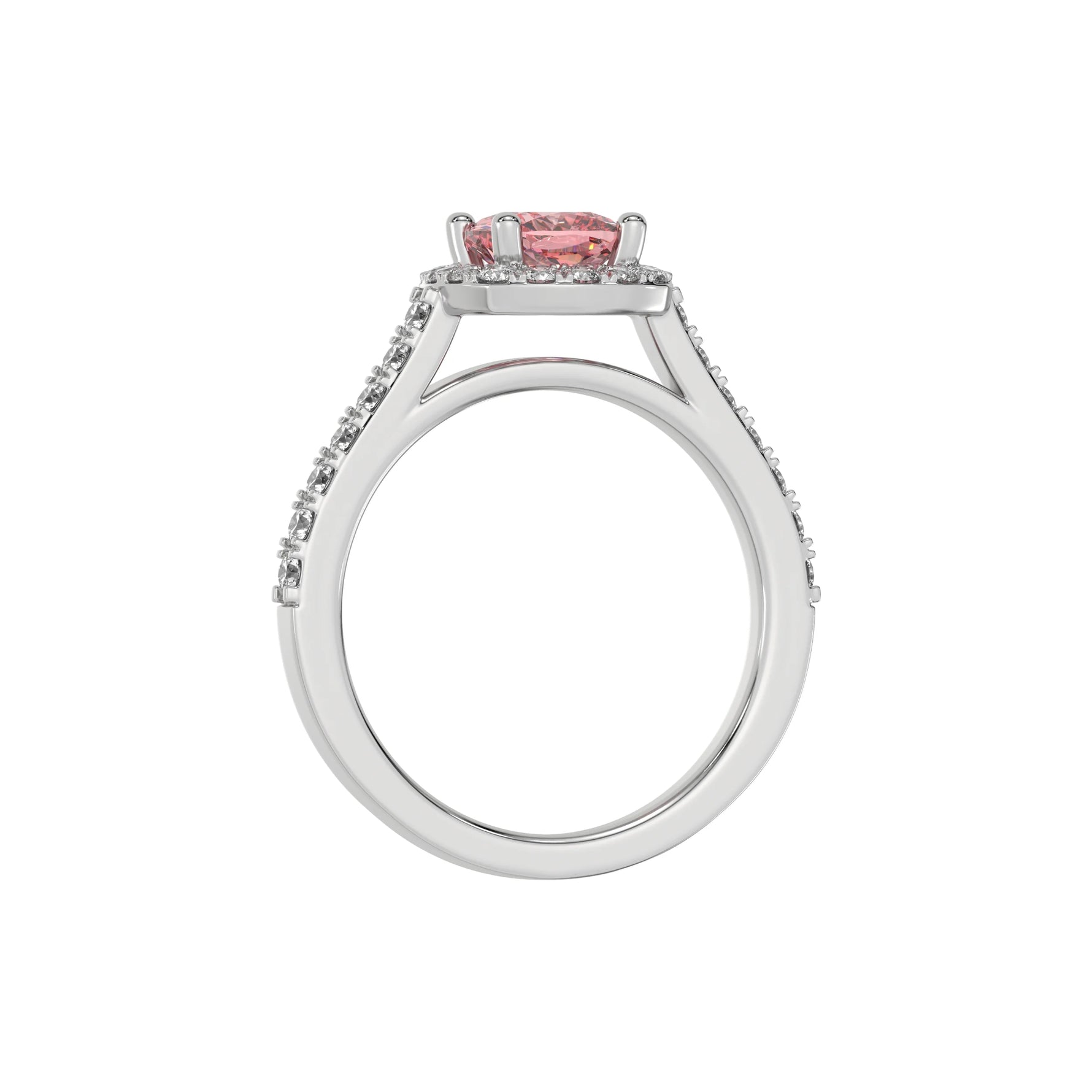 This white gold Cushion Diamond Halo Engagement Ring is made with a fancy Pink cushion solitaire diamond set in a four-prong setting in through finger view