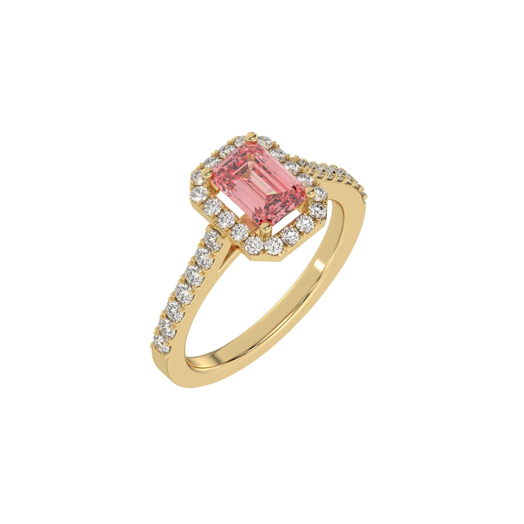 This yellow gold Emerald Diamond Halo Engagement Ring is made with a fancy pink emerald solitaire diamond set in a four-prong setting in 3D view