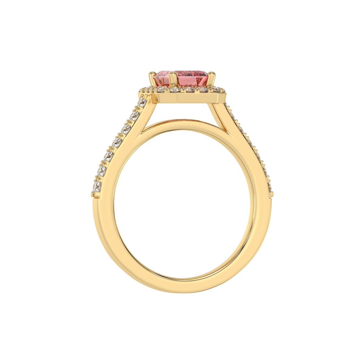 This yellow gold Emerald Diamond Halo Engagement Ring is made with a fancy pink emerald solitaire diamond set in a four-prong setting in through finger view