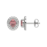 10k white gold Oval Diamond Halo Earrings made with an fancy pink oval cut solitaire diamonds set in a four prong setting