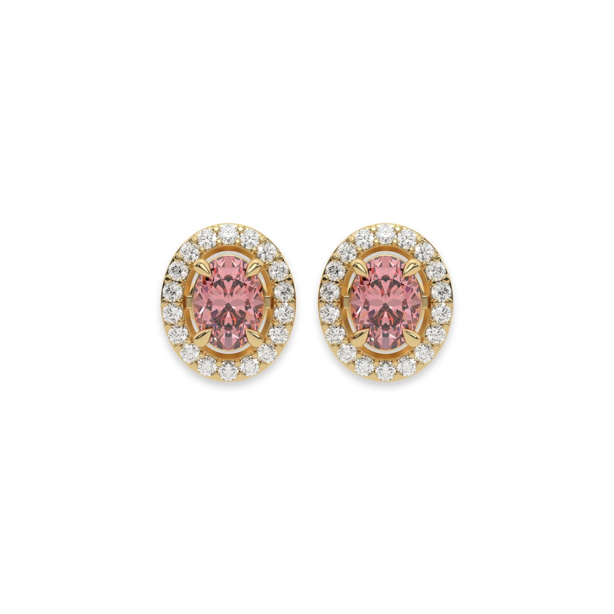 18k yellow gold Oval Diamond Halo Earrings made with an fancy pink oval cut solitaire diamonds set in a four prong setting