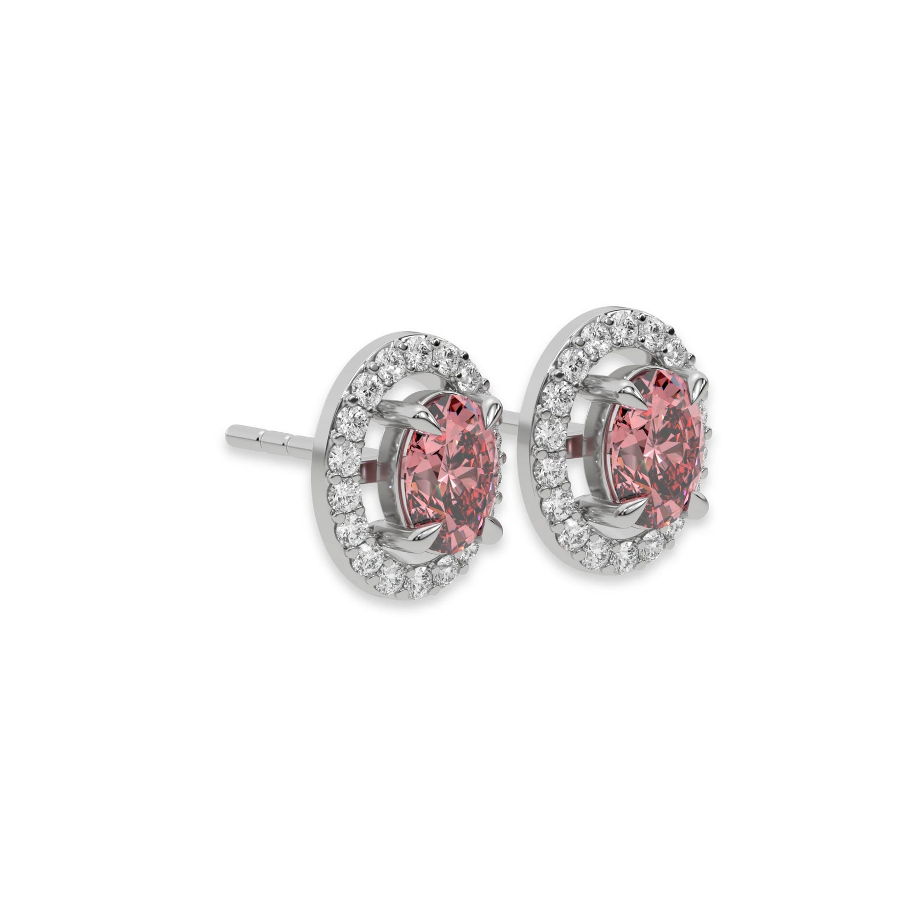 This white gold Classic Oval Diamond Halo Earrings made with an fancy pink oval cut solitaire diamonds set in a four prong setting in side view