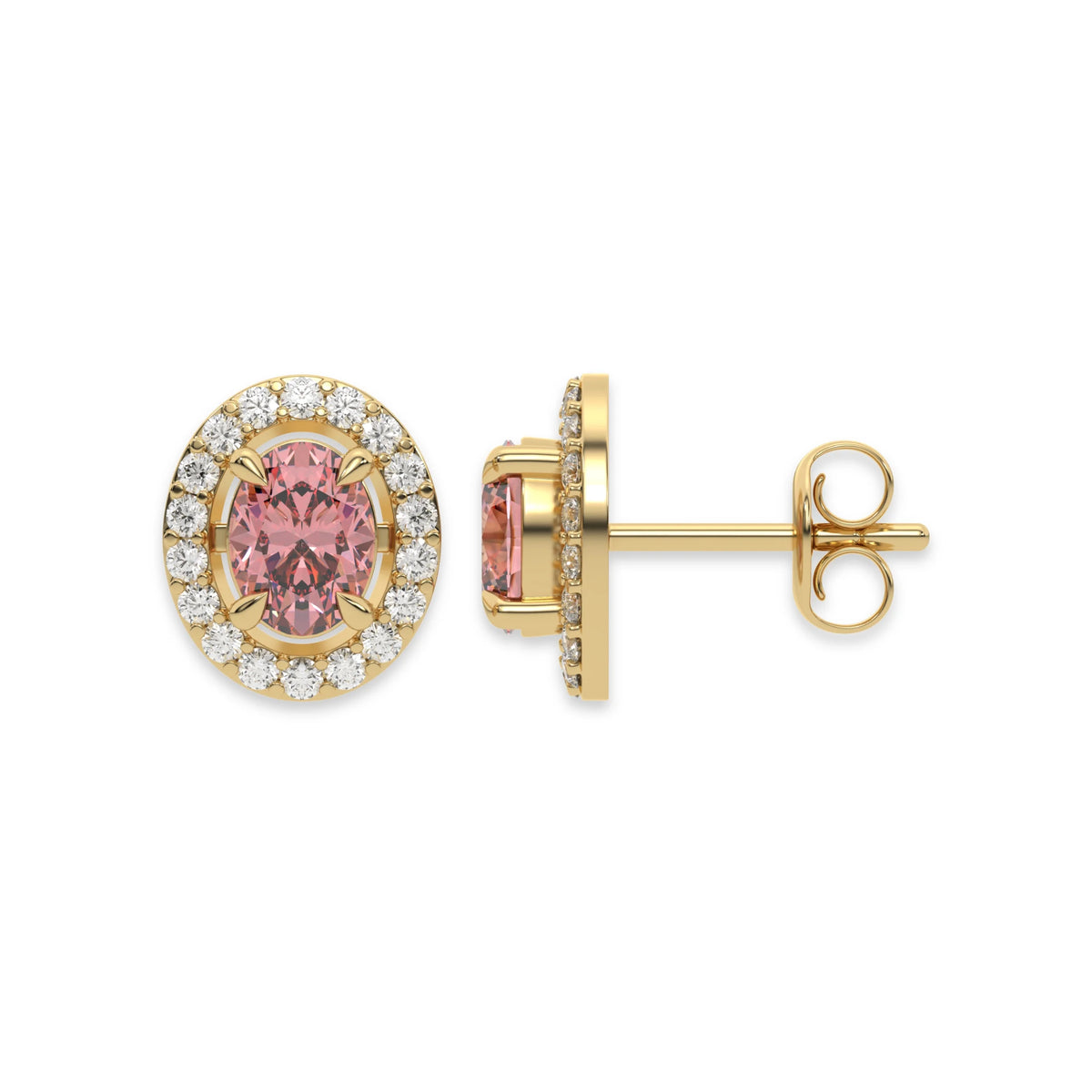 This yellow gold Classic Oval Diamond Halo Earrings made with an fancy pink oval cut solitaire diamonds set in a four prong setting in top view and side view