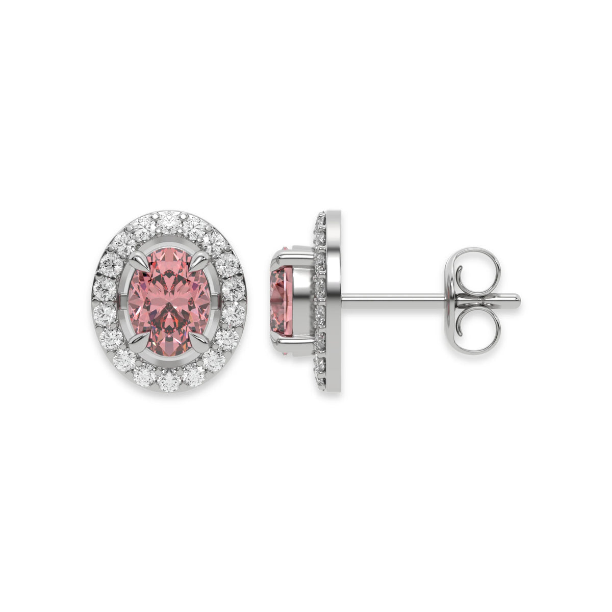 This white gold Classic Oval Diamond Halo Earrings made with an fancy pink oval cut solitaire diamonds set in a four prong setting in top view and side view