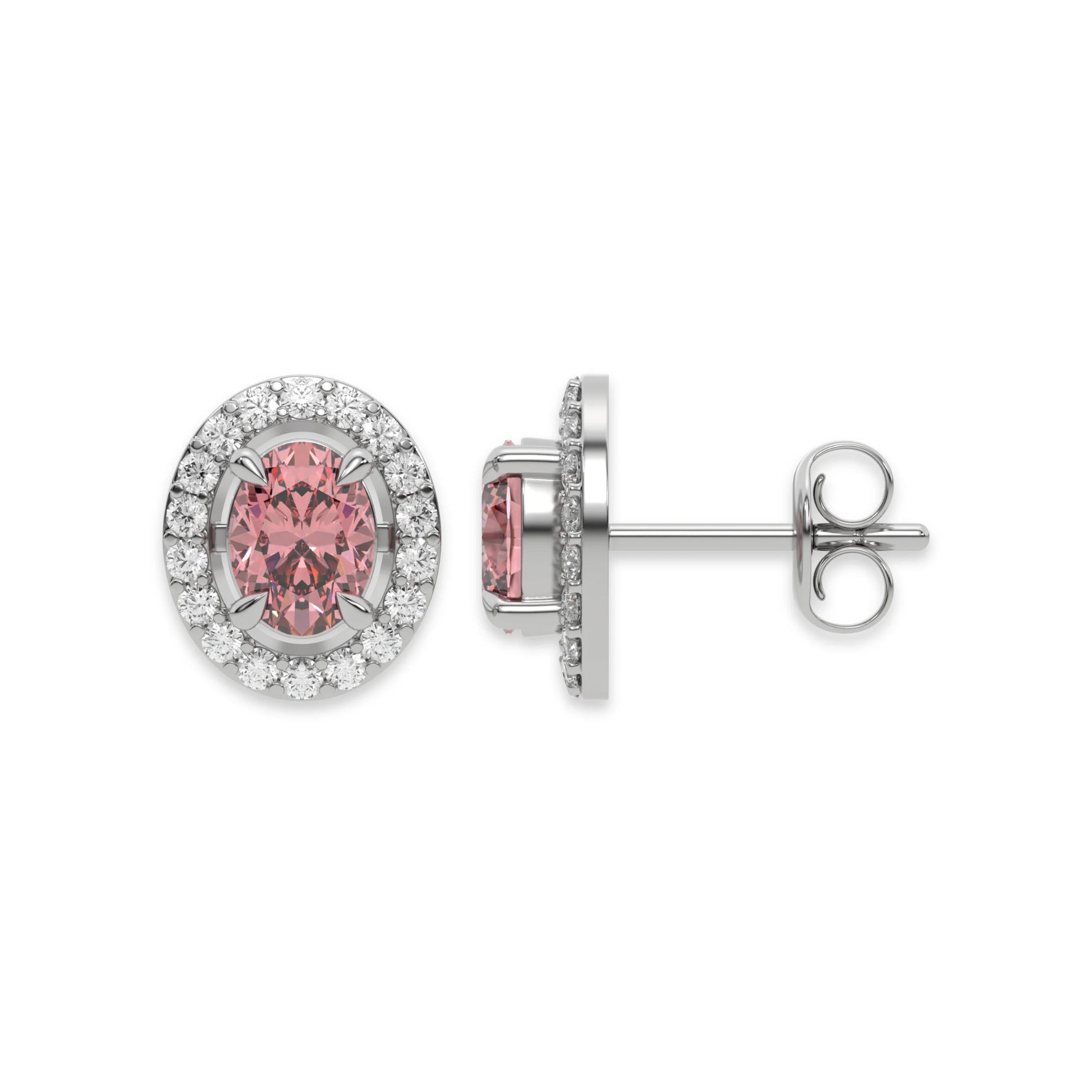 This white gold Classic Oval Diamond Halo Earrings made with an fancy pink oval cut solitaire diamonds set in a four prong setting in top view and side view