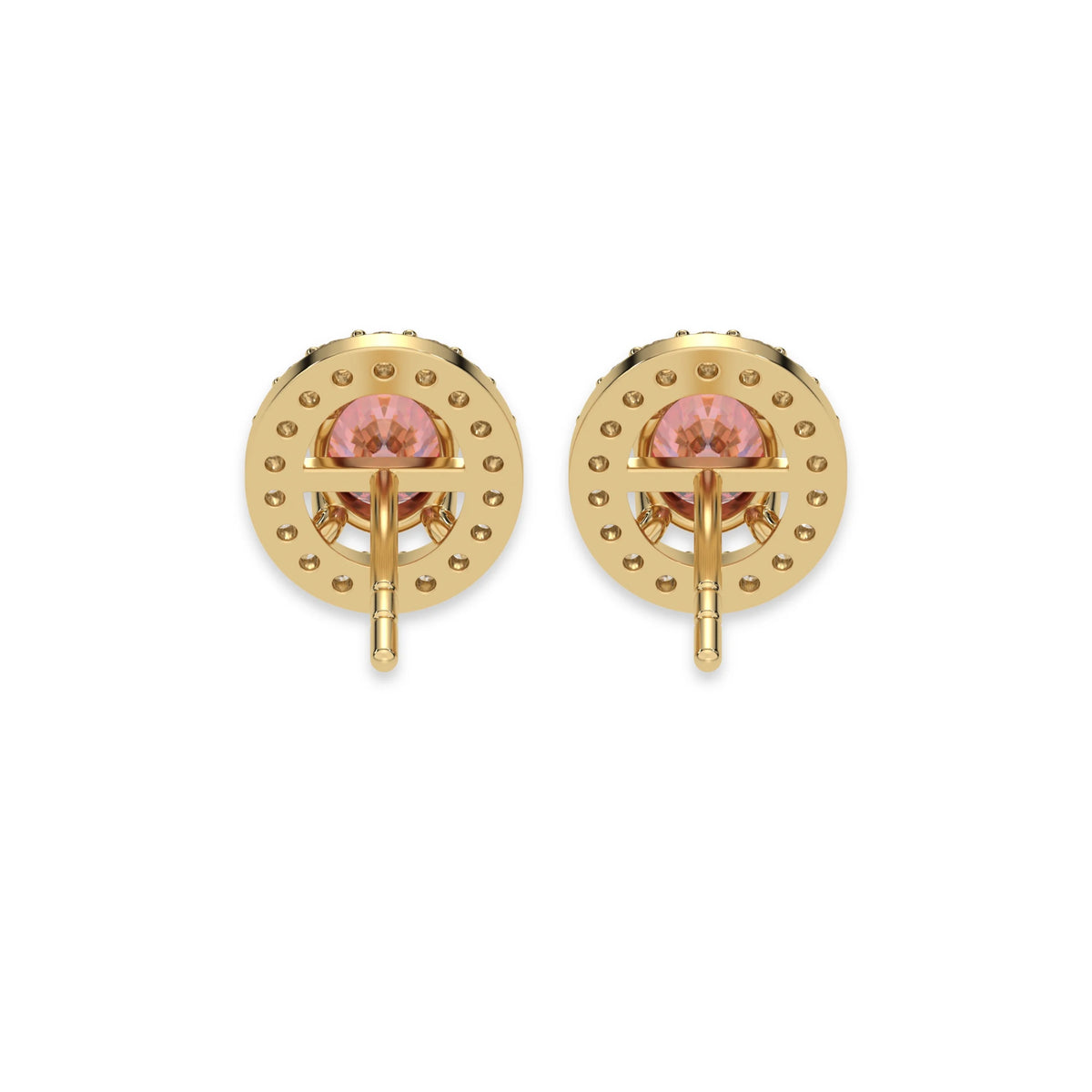 This yellow gold Classic Oval Diamond Halo Earrings made with an fancy pink oval cut solitaire diamonds set in a four prong setting in back view