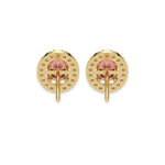 This yellow gold Classic Oval Diamond Halo Earrings made with an fancy pink oval cut solitaire diamonds set in a four prong setting in back view