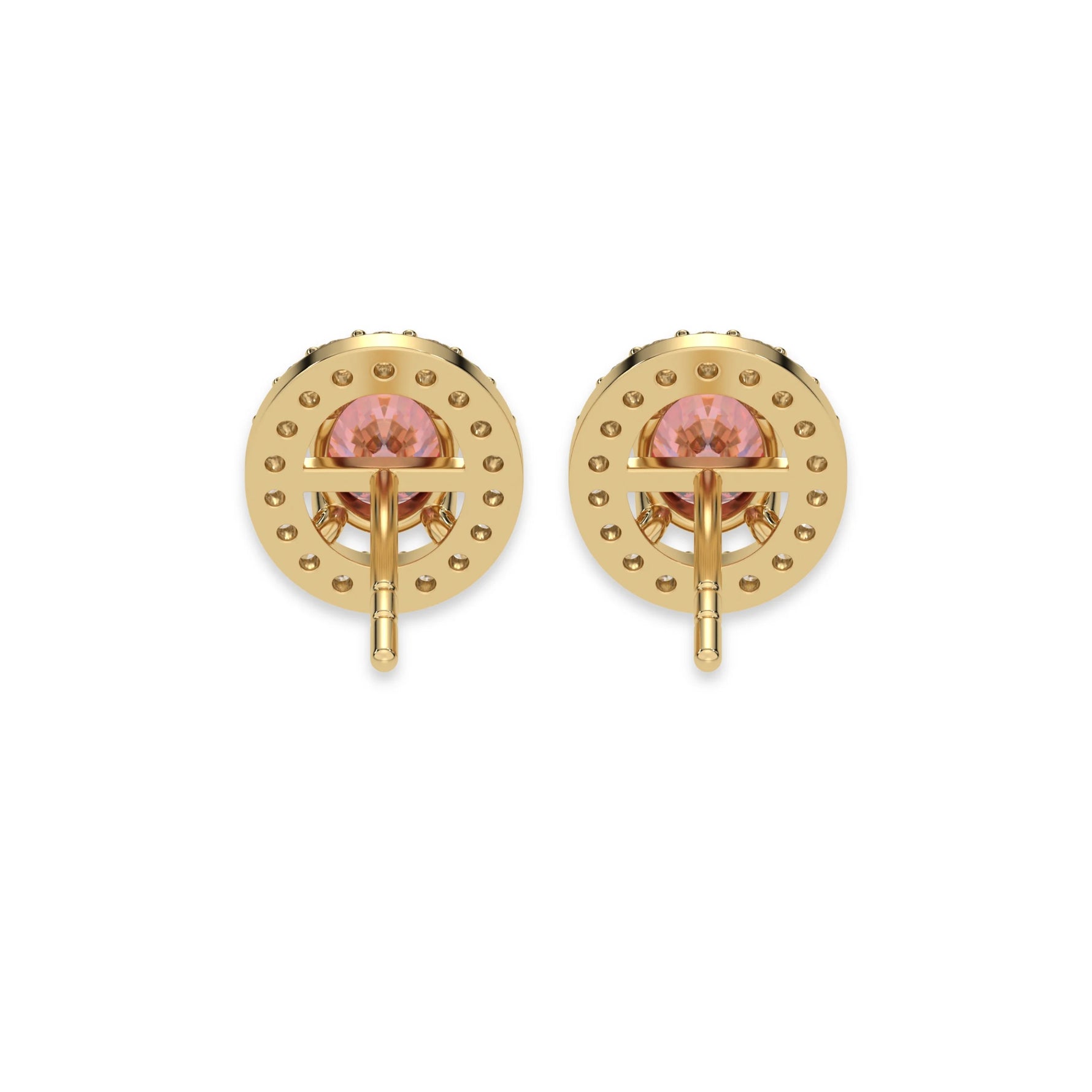 This yellow gold Classic Oval Diamond Halo Earrings made with an fancy pink oval cut solitaire diamonds set in a four prong setting in back view